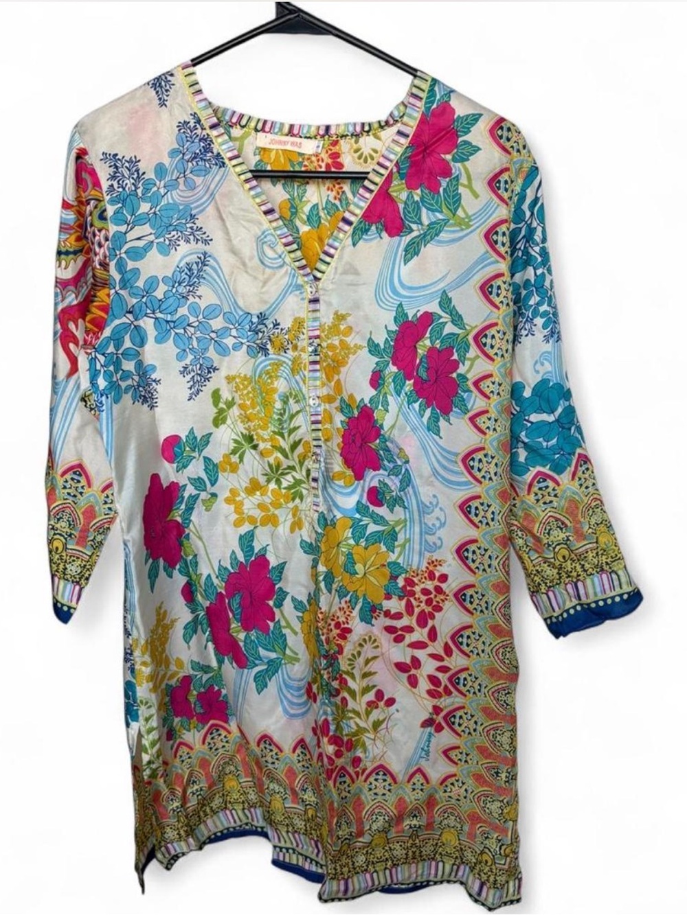 Johnny Was Floral V-Neck Tunic in Cream, Pink, Blue & Yellow 100% Silk